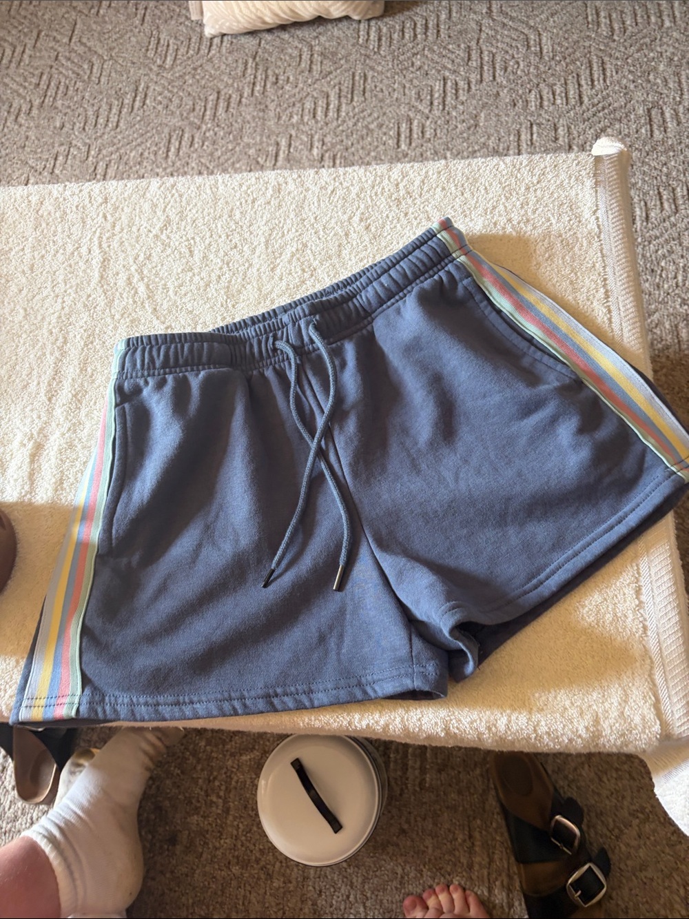 Olive & Oak Navy Athletic Shorts with Rainbow Side Stripes